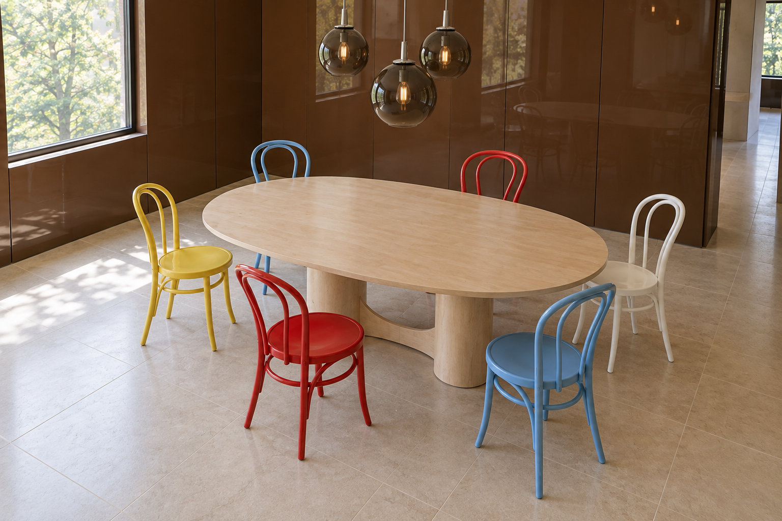 Six identical bentwood dining chairs painted red, blue, yellow, and white in matching pairs around an oval maple table.