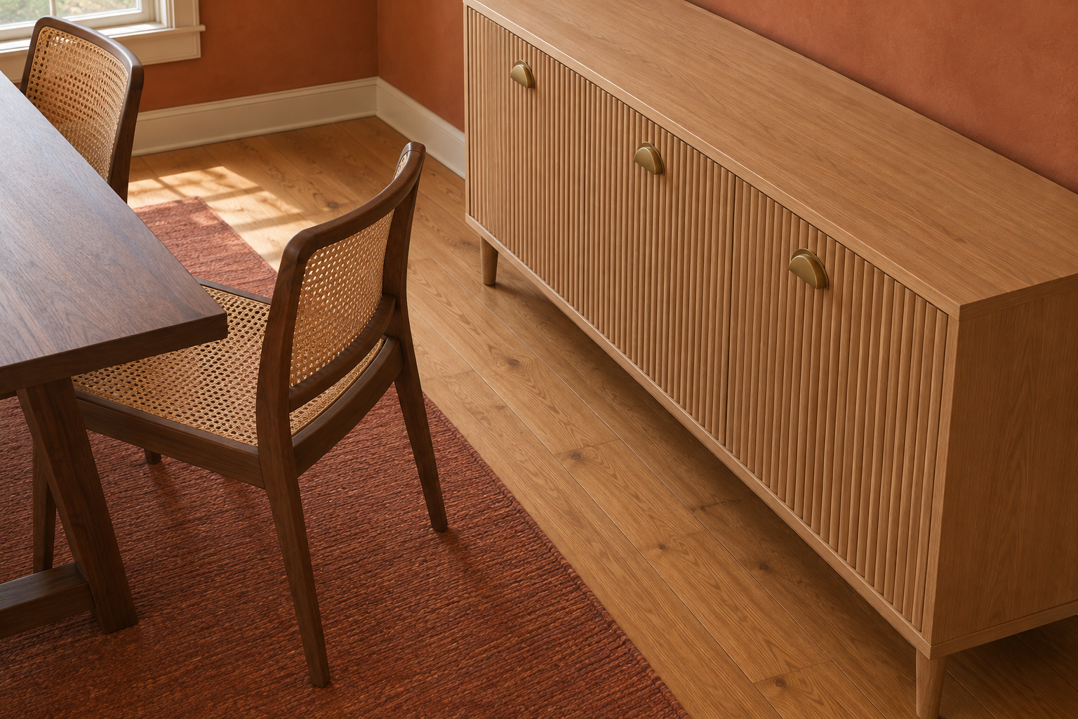 A dining chair pulled back from a walnut table, its rear legs close to a light oak sideboard, showing the real floor gap between chair and sideboard.
