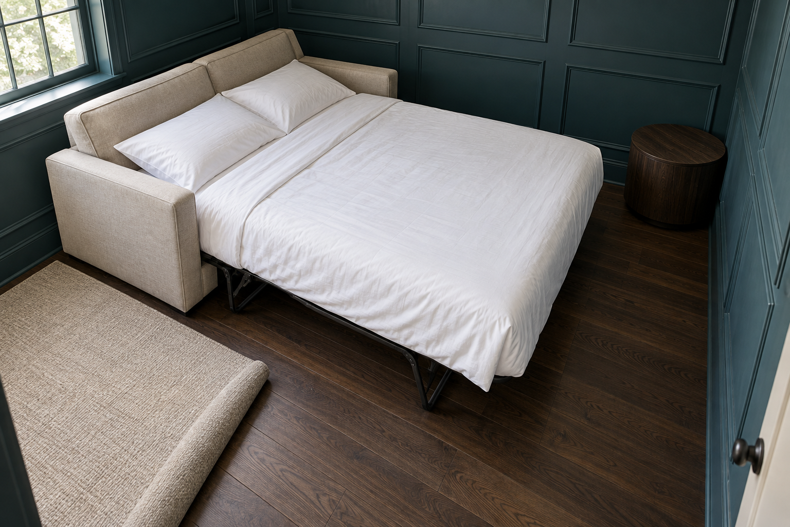 A sleeper sofa pulled out into a made-up queen bed in a den with teal paneled walls.