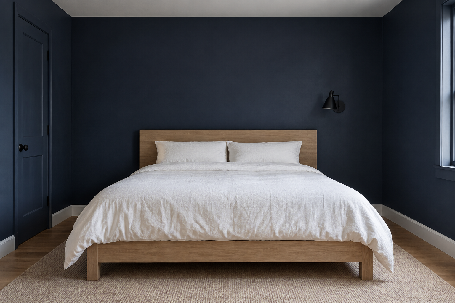 A quiet bedroom with deep navy walls and a low platform bed with a plain panel headboard, shown straight-on and symmetrical.