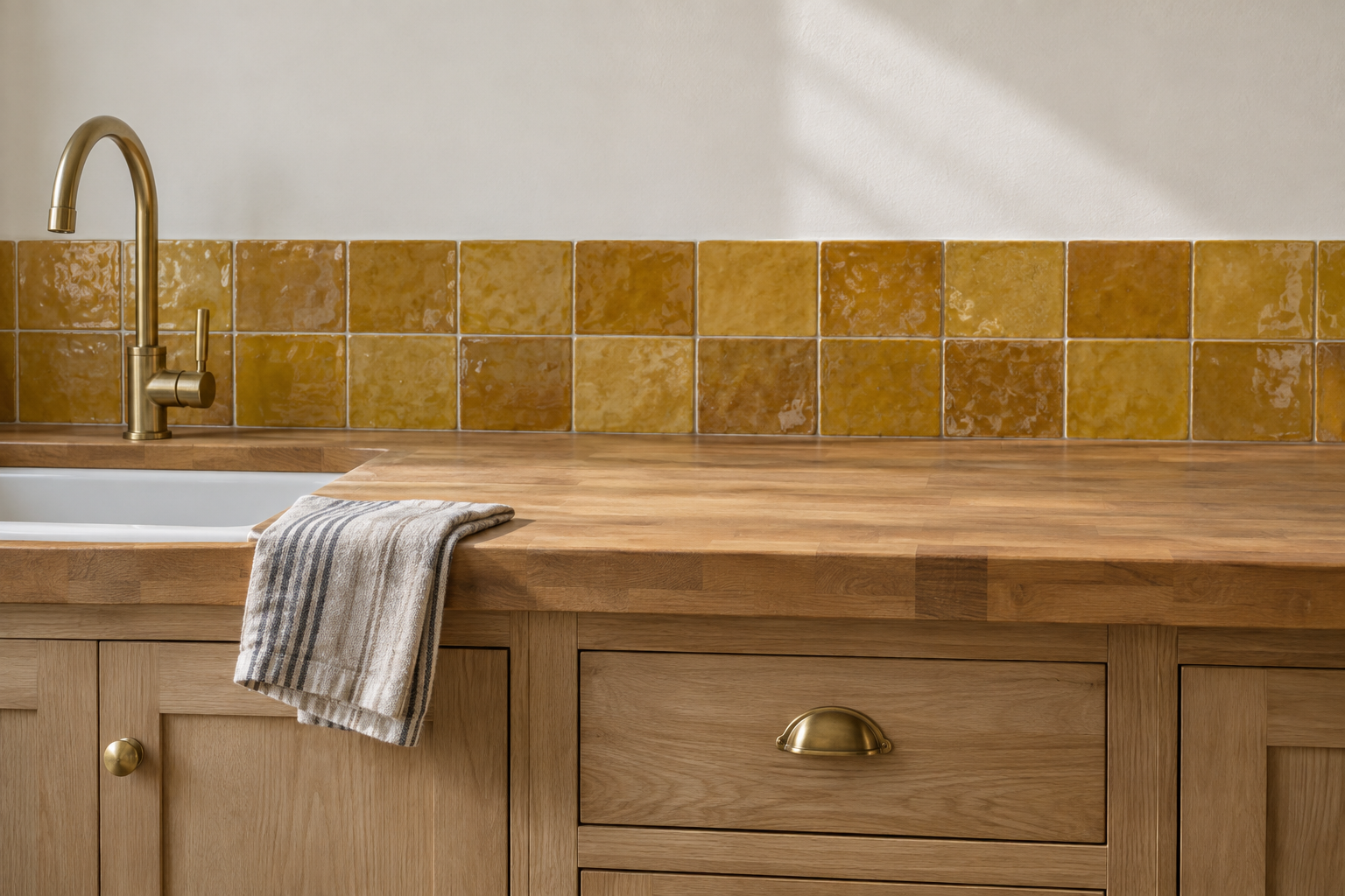 A short strip of ochre-glazed tile stopping a few inches above a kitchen counter, with painted wall continuing above it.