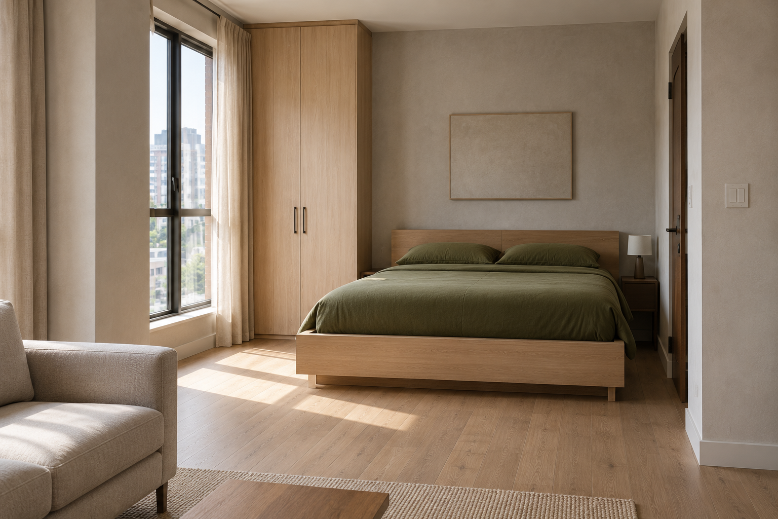 A low platform bed positioned against the far wall of a studio apartment, out of the entry sightline.