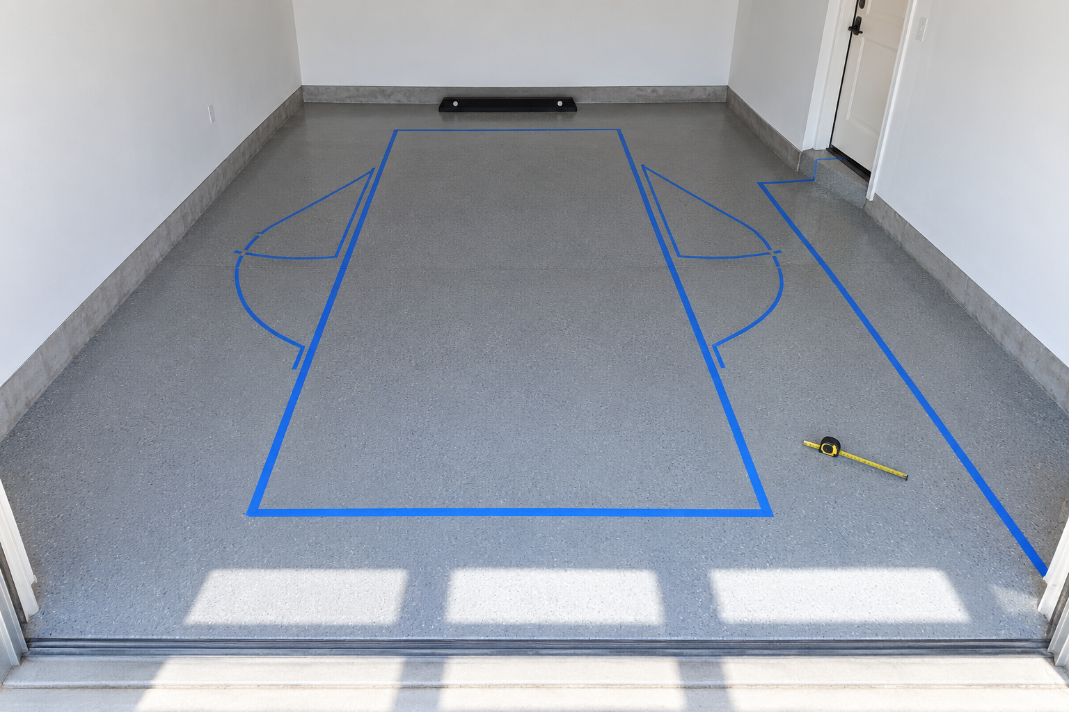 A blue tape outline of a car and its open doors on the floor of an empty garage.