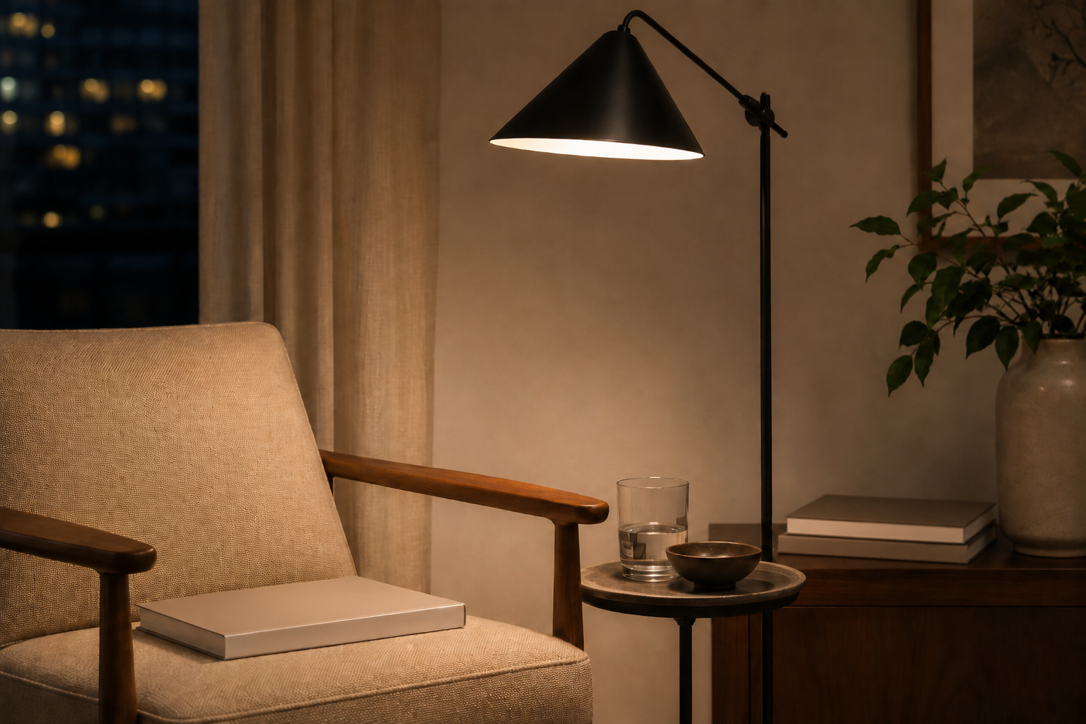 A task lamp positioned beside a reading chair in a living room, providing focused light