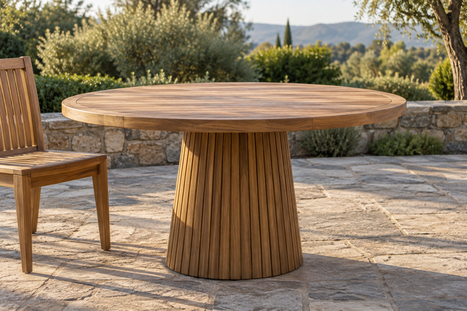 A pedestal-base teak dining table showing natural wood grain in warm afternoon light.