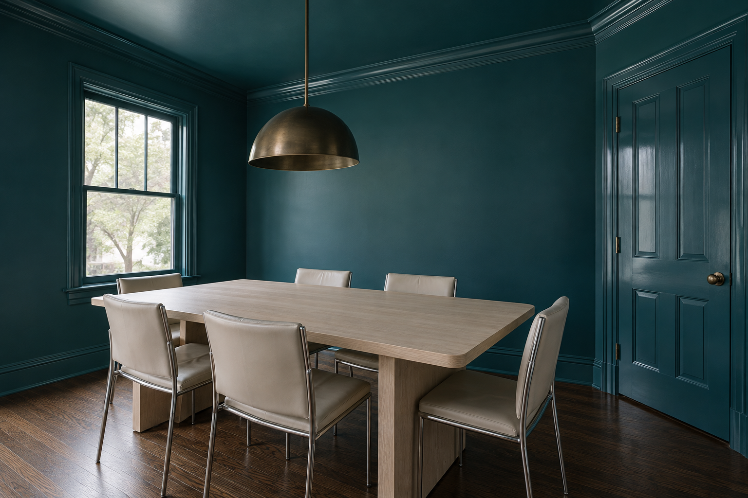 A small dining room with walls, trim, door, and ceiling all painted deep teal, around a pale ash table with chrome-framed chairs.