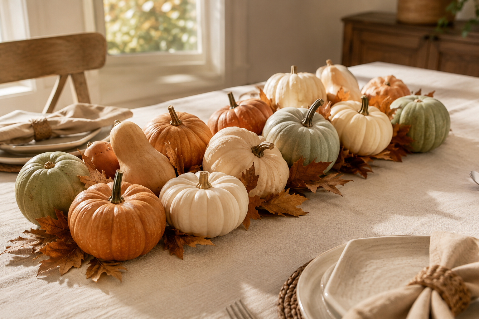 A Thanksgiving table centerpiece made of real mini pumpkins and squash in warm tones