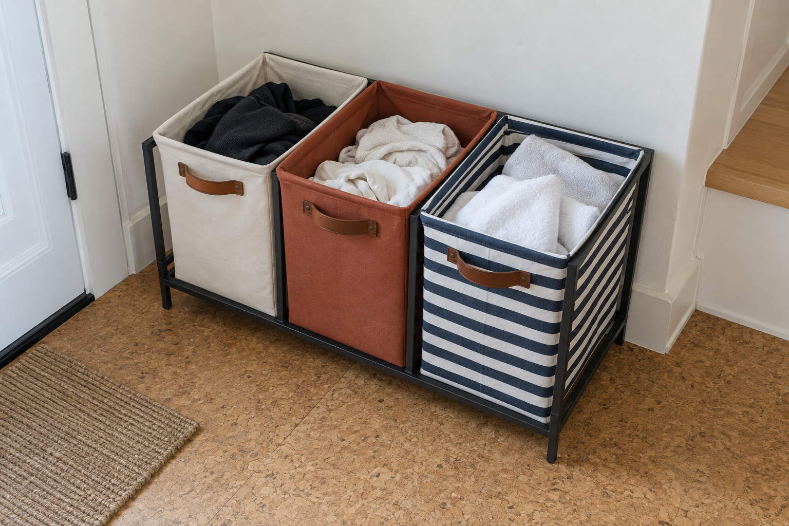 Three canvas laundry bins holding darks, lights, and towels separately.