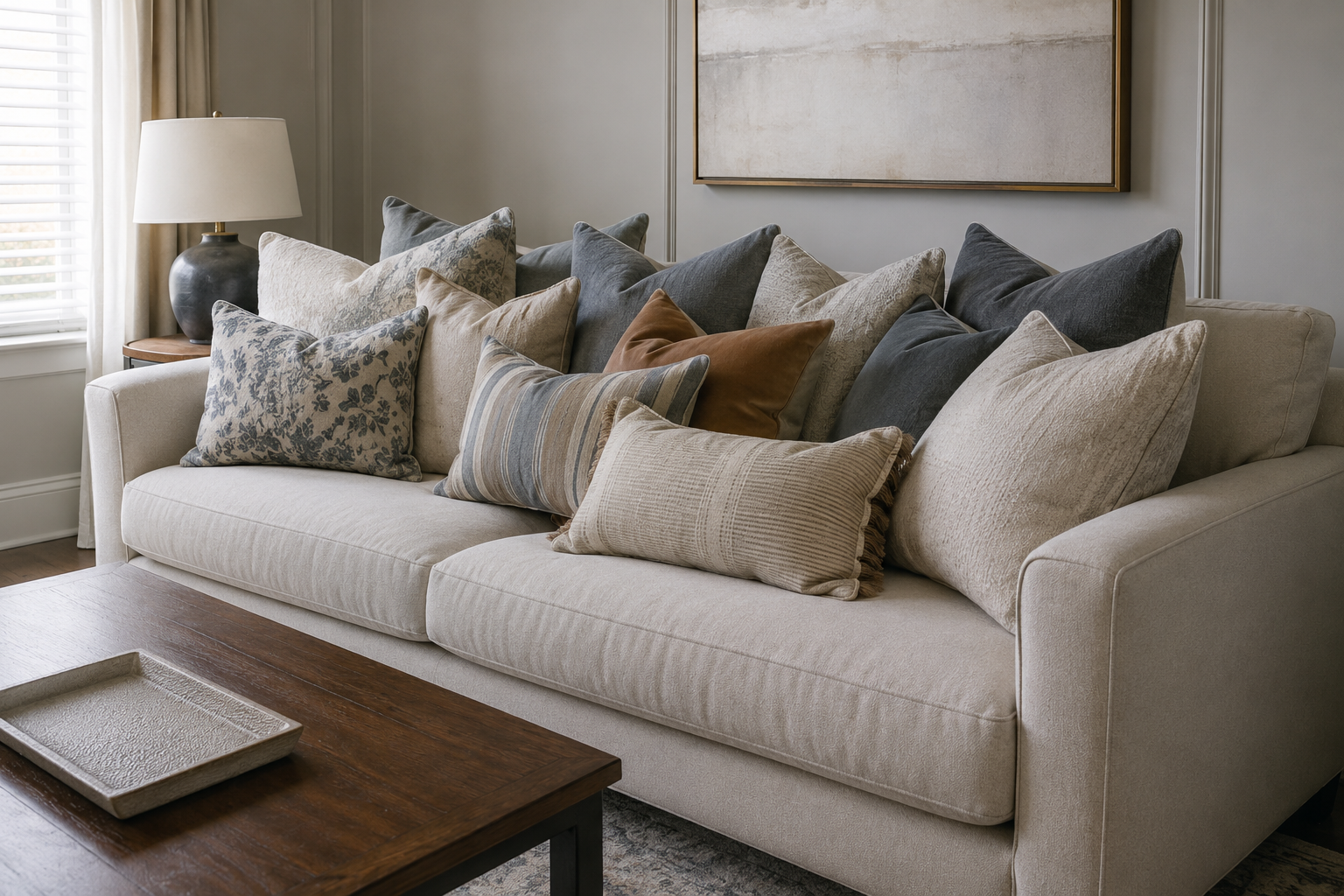 A sofa overcrowded with too many mismatched throw pillows, leaving little room to sit