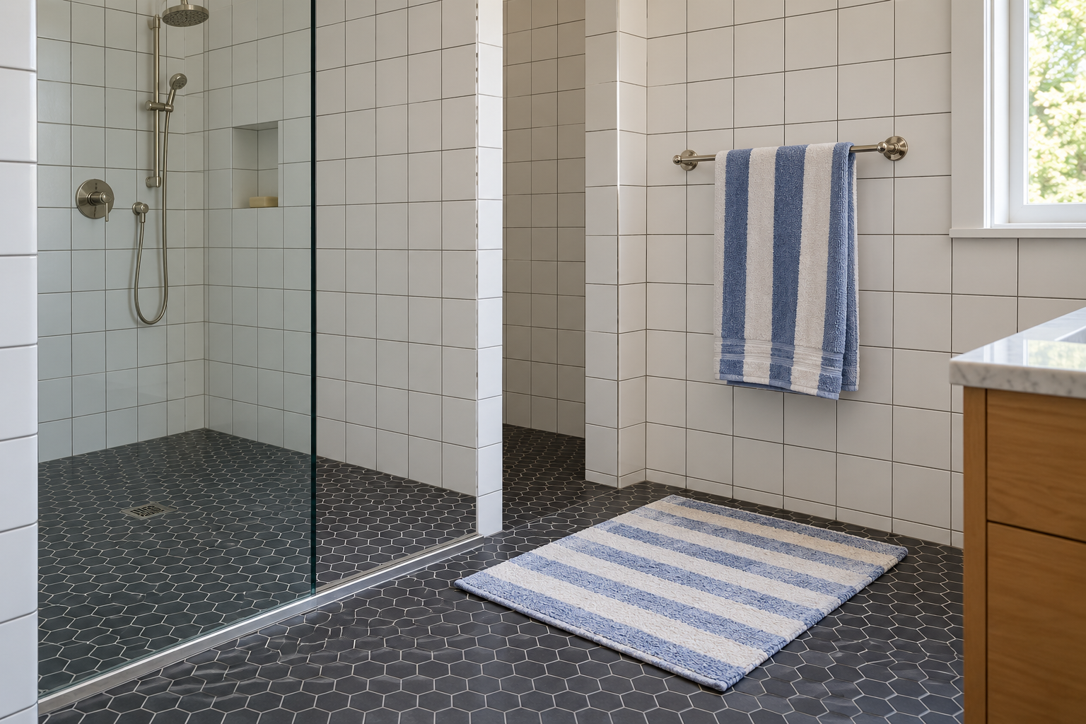 A towel bar with a striped towel mounted just outside a glass-screened shower, within one step of the opening.