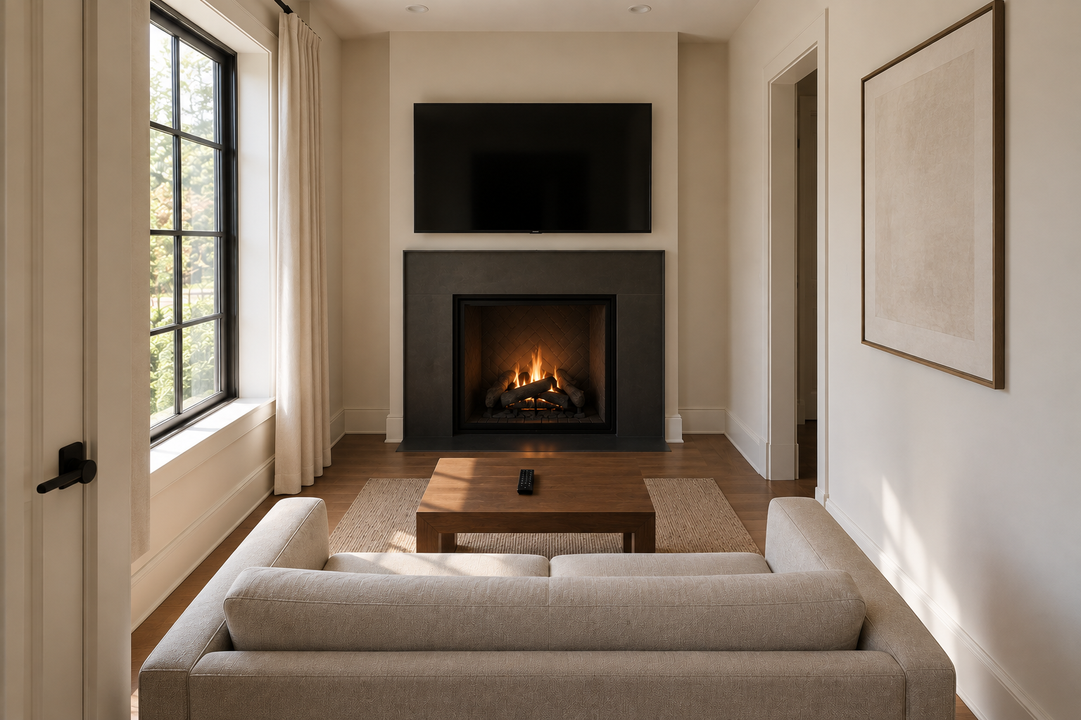 A small living room with a TV mounted above the fireplace, the room's narrow width clearly visible.