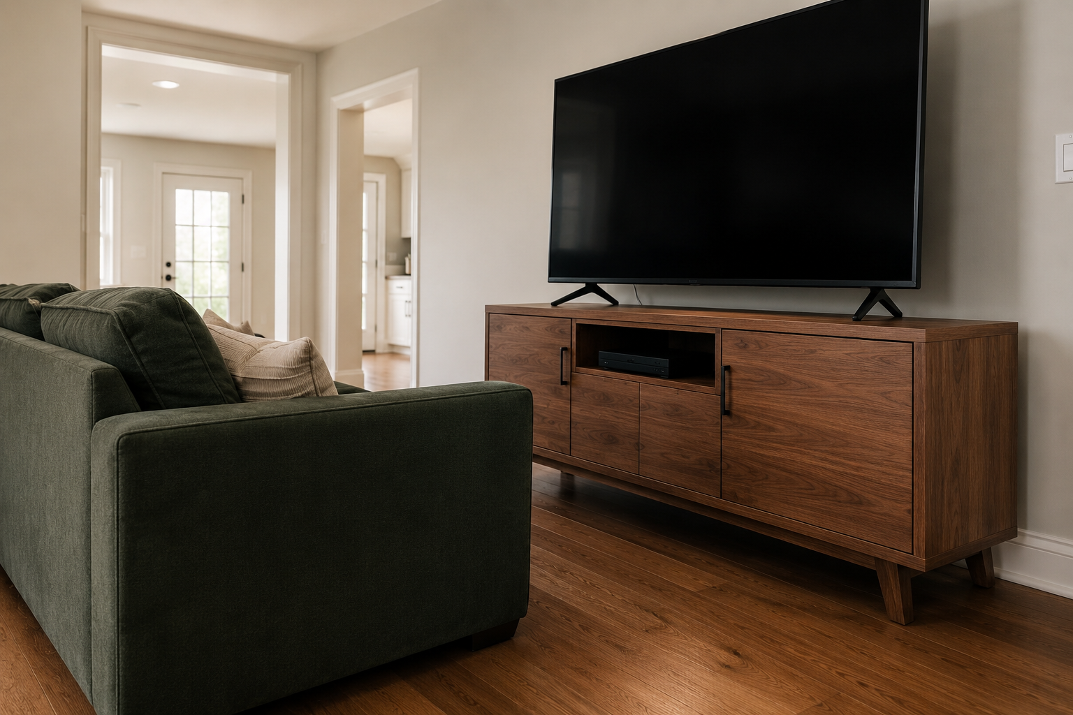 A TV placed too close to the sofa, forcing an uncomfortable upward viewing angle