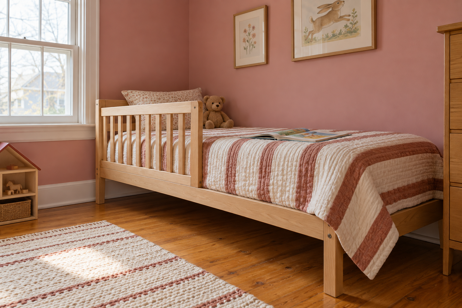 A low beech twin bed with a guardrail on its open side in a room with rose-pink walls.