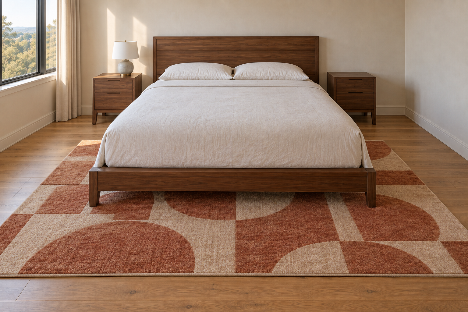 The same primary bedroom with the rug repositioned so it extends about two-thirds under the bed, showing roughly 18 to 24 inches of visible rug along each side of the bed frame.