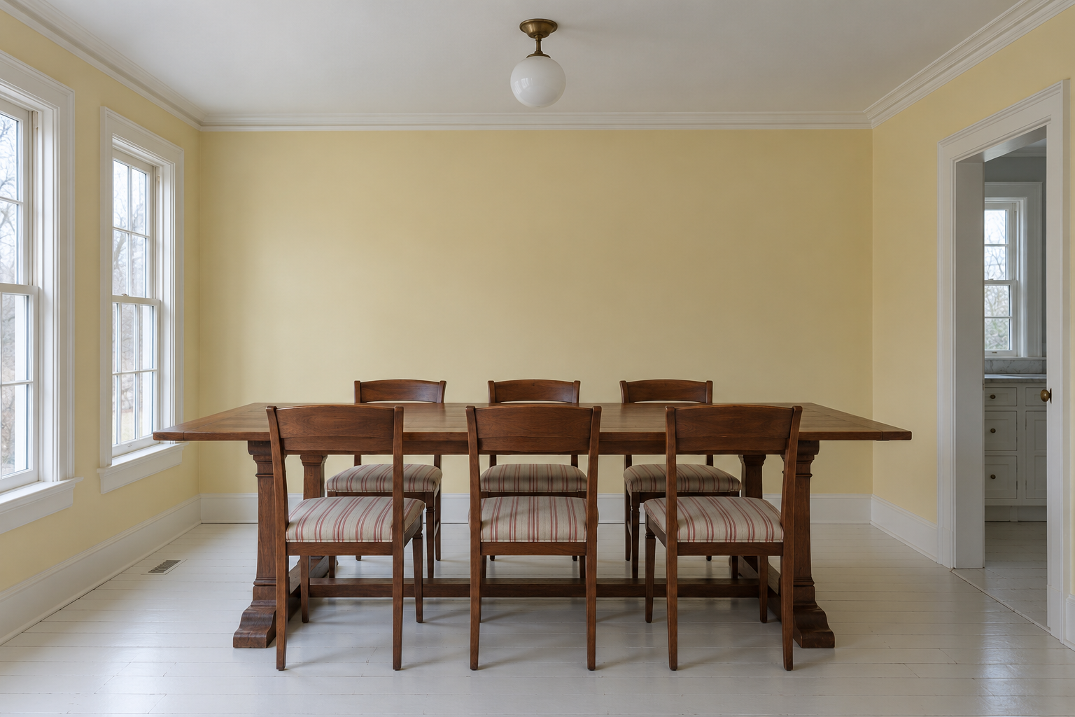 A small glass globe pendant hung high near the ceiling above a much wider cherry dining table, leaving a large empty gap.