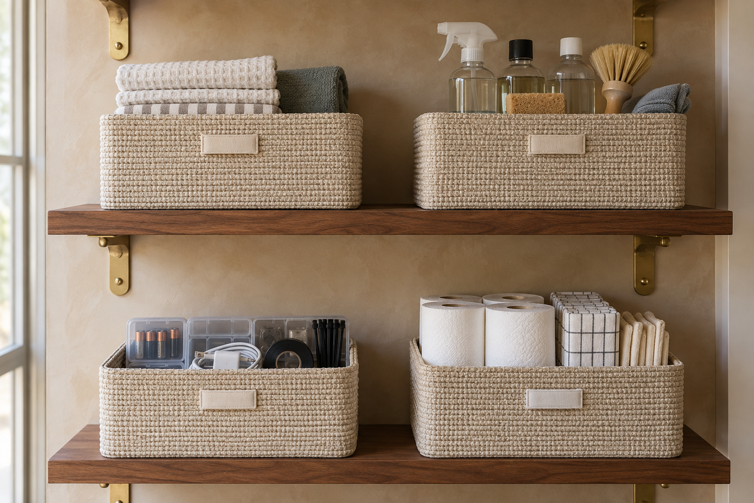 Open walnut shelving holding matching labeled bins, each assigned to one category of household supplies.