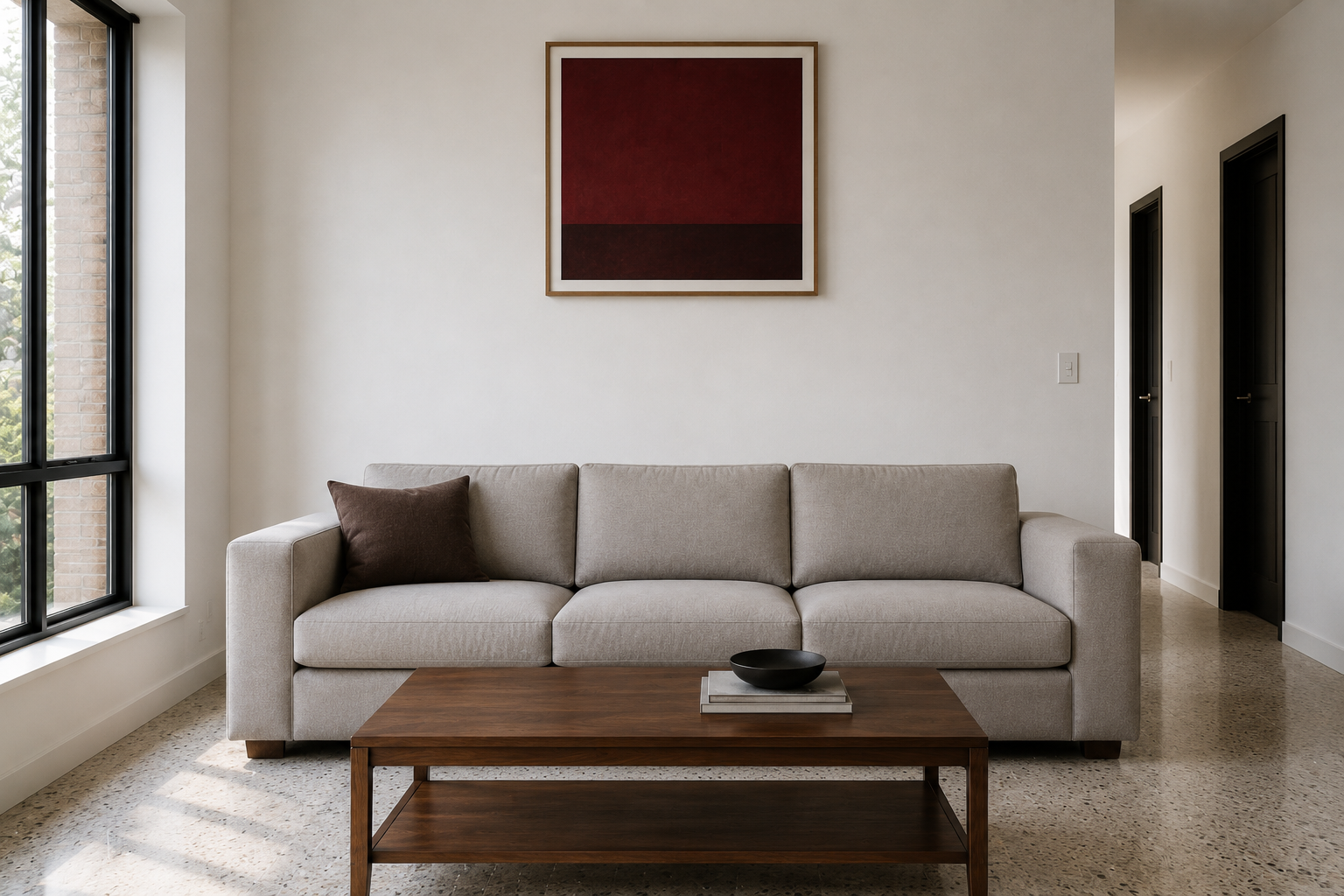 Art hung too high above a sofa, disconnected from the furniture below it