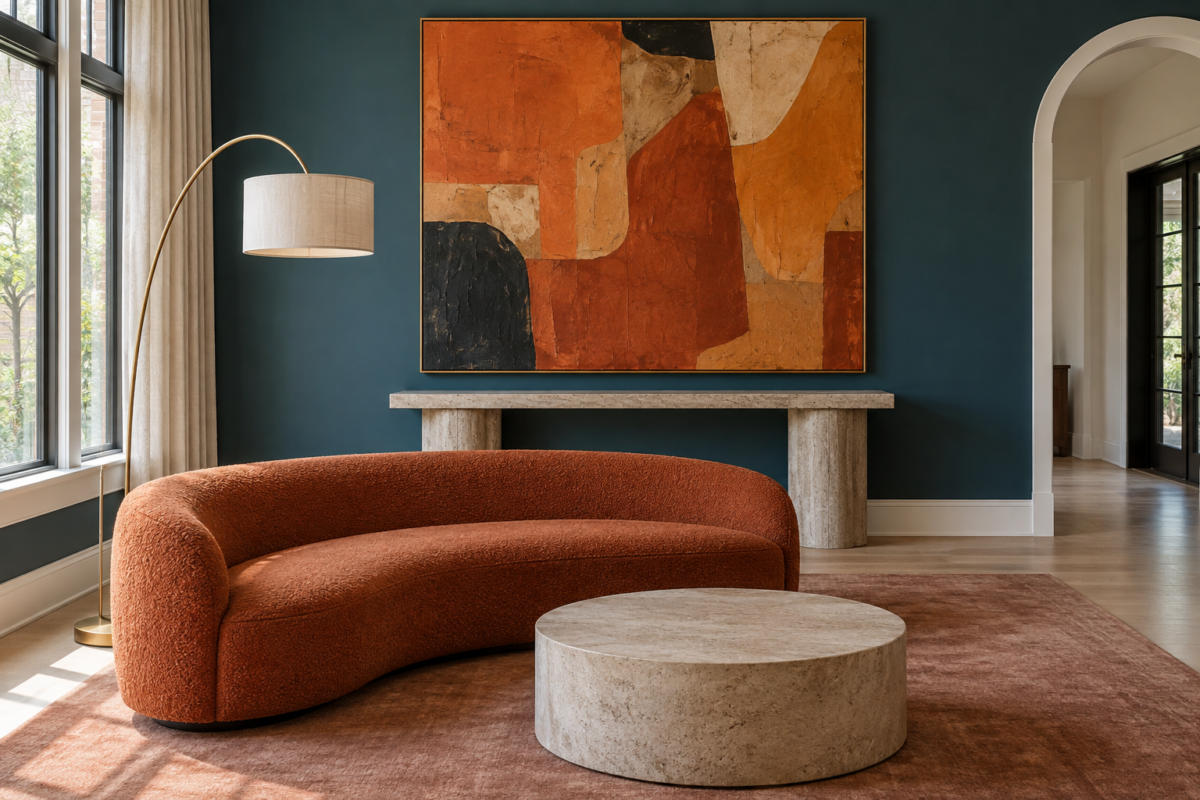 A contemporary living room with a large abstract orange and rust artwork against a deep teal-blue wall, above a stone pedestal console, with a low curved rust boucle sofa in the foreground.