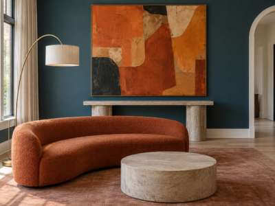 A contemporary living room with a large abstract orange and rust artwork against a deep teal-blue wall, above a stone pedestal console, with a low curved rust boucle sofa in the foreground.