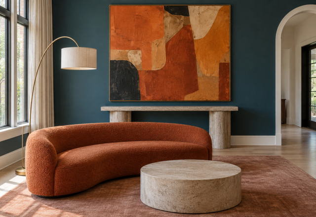 A contemporary living room with a large abstract orange and rust artwork against a deep teal-blue wall, above a stone pedestal console, with a low curved rust boucle sofa in the foreground.