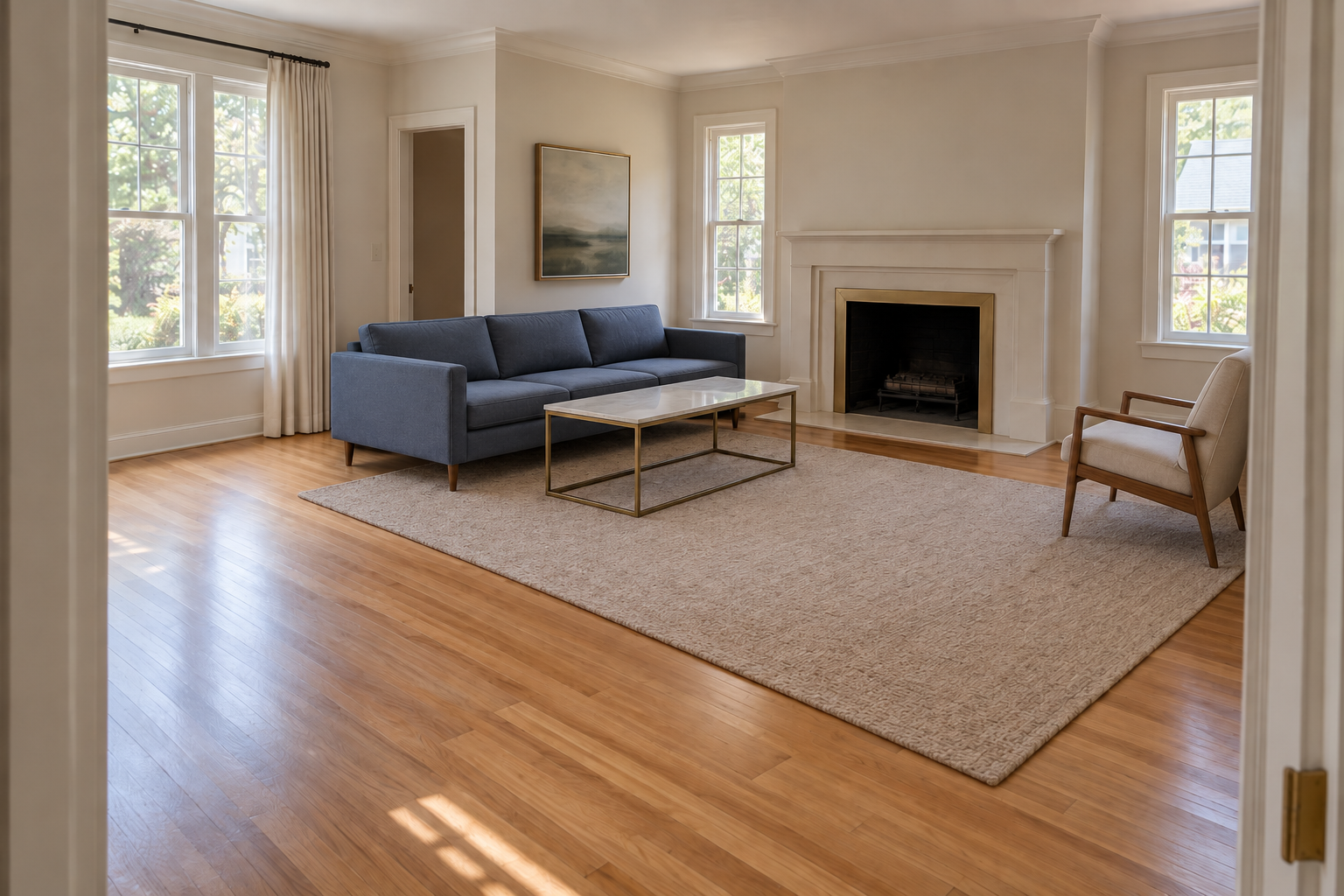 The same living room sofa and chair pushed flush against the walls, with no open floor behind them.