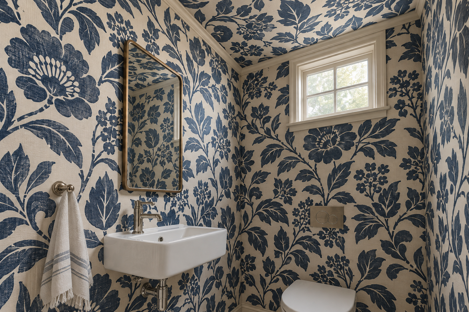 Indigo and cream patterned wallpaper covering the walls and ceiling of a small powder room.