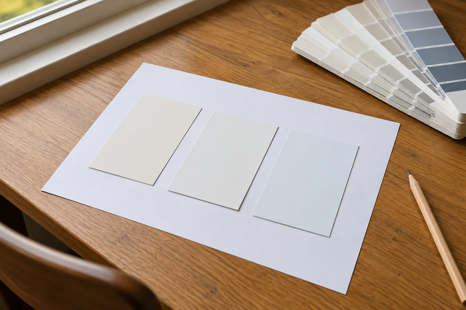 Three white paint chips, one creamy, one neutral, and one cool, laid on a sheet of printer paper.