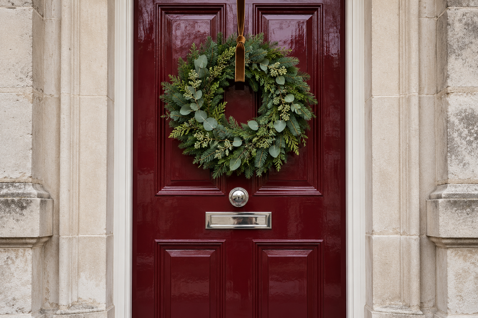 A fresh evergreen wreath about two-thirds the width of an oxblood front door in a limestone surround.