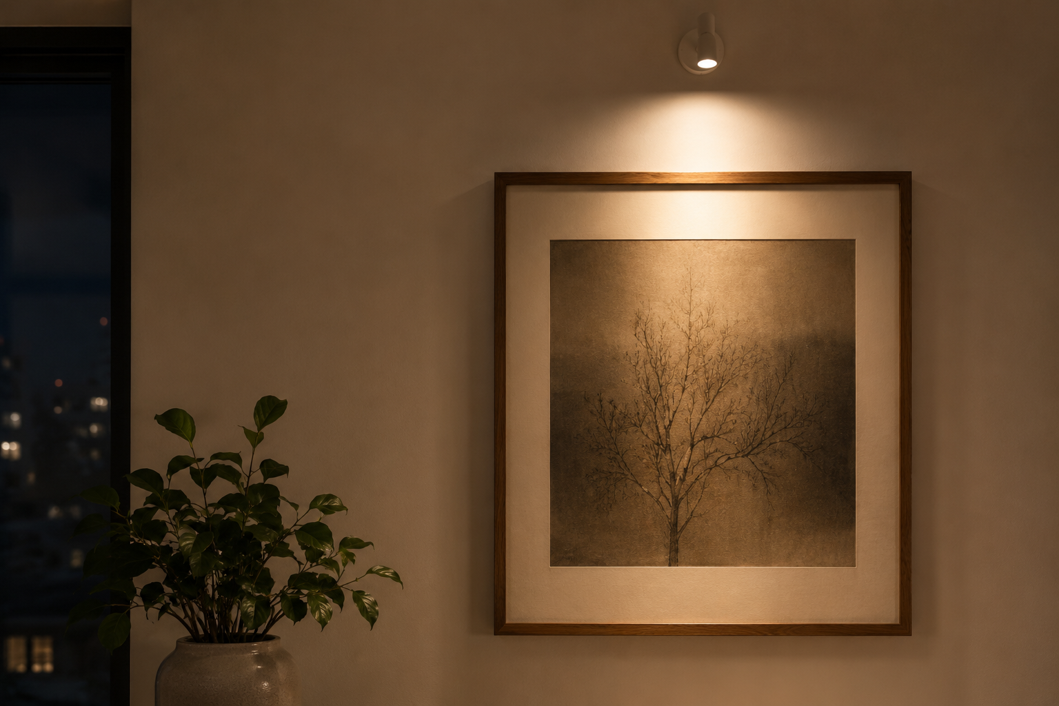 A small accent light aimed at wall art, creating a warm directional glow