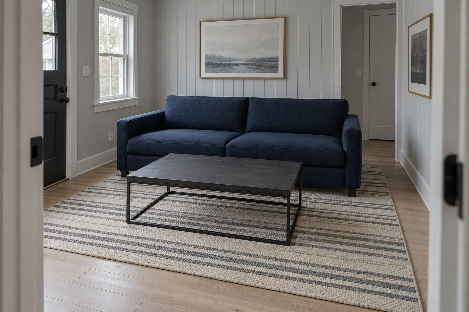 A small living room with a deep navy sofa and a blackened-steel coffee table, all legs and edges resting on a striped flatweave rug that extends past the furniture on every side.