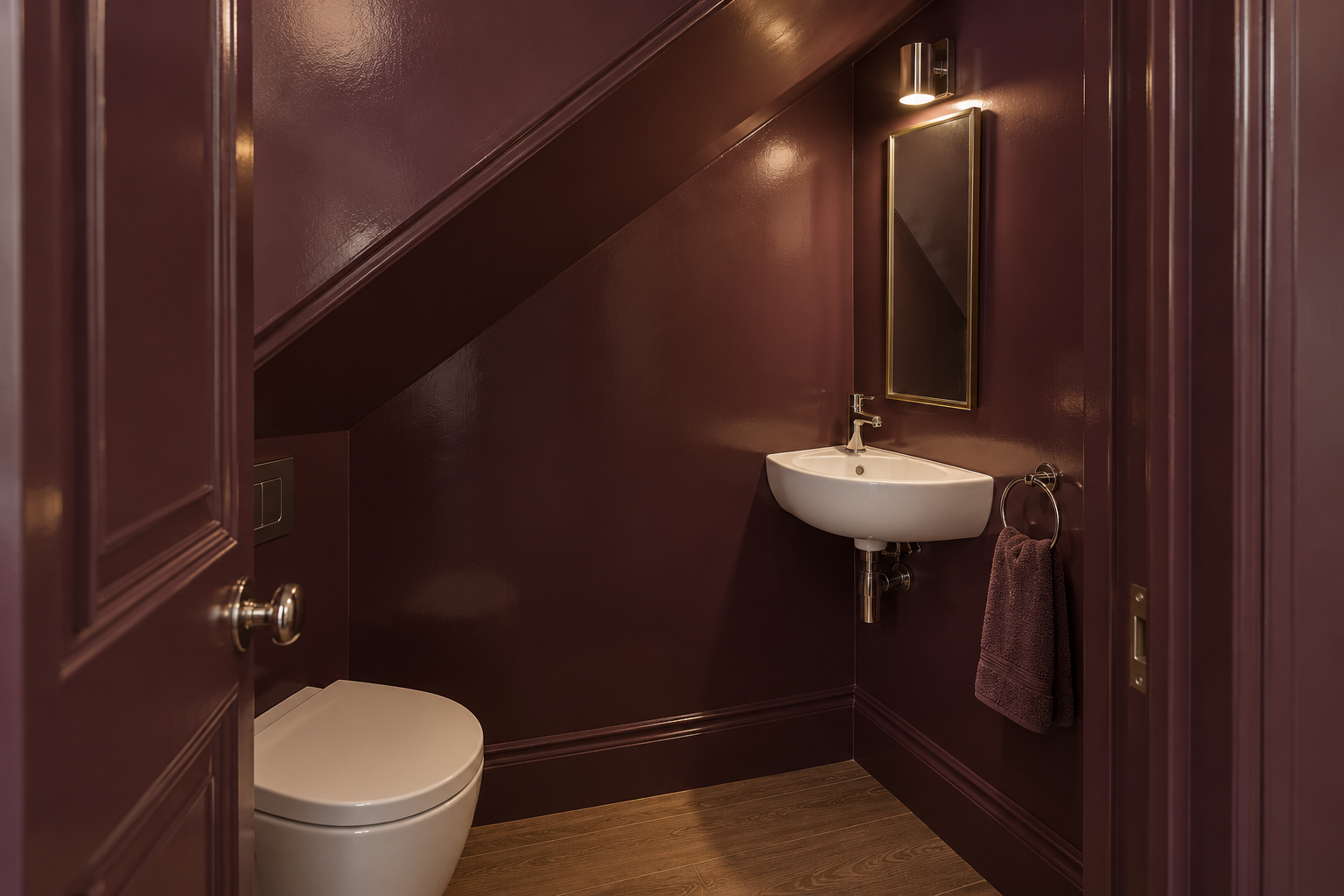 A tiny under-stair powder room painted glossy aubergine on the walls, sloped ceiling, and door.