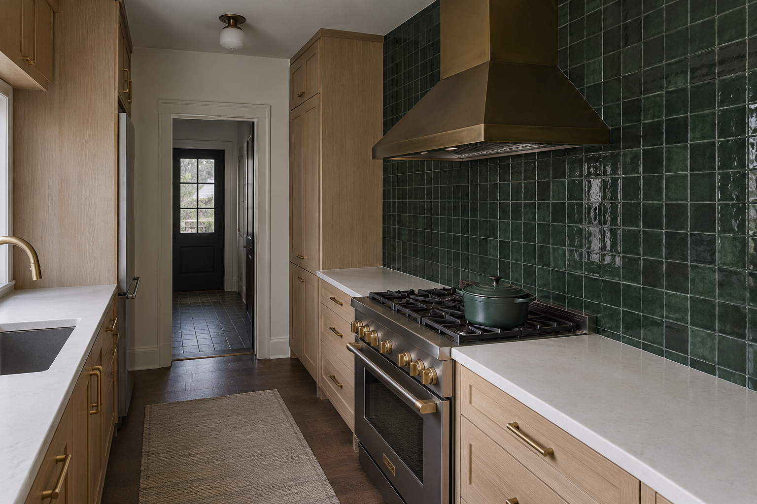 Deep forest-green zellige tile running from counter to ceiling behind a range in a genuinely narrow kitchen.
