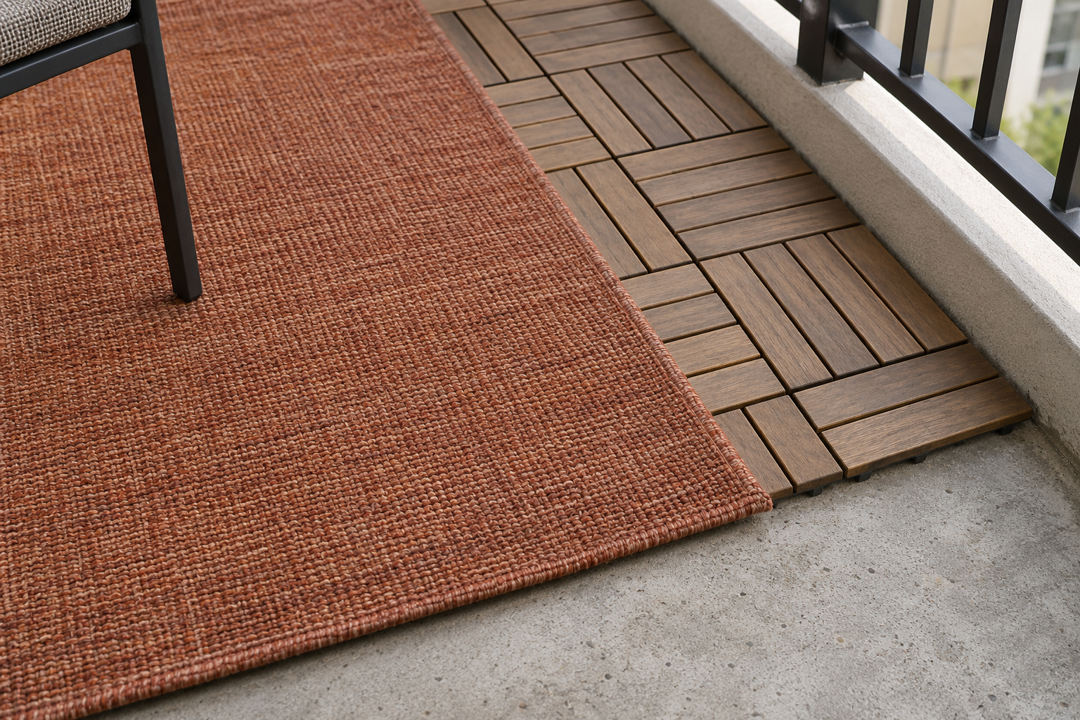 An outdoor rug laid over removable interlocking deck tiles on an apartment balcony.