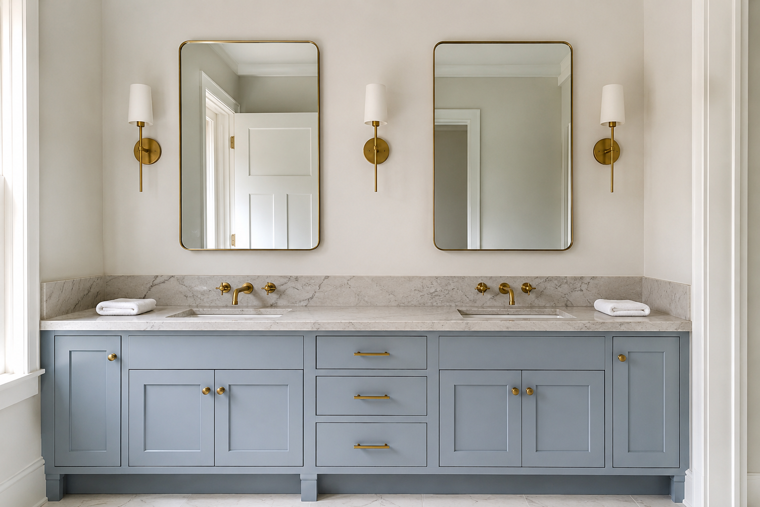 A double vanity with two mirrors, each centered over its own sink