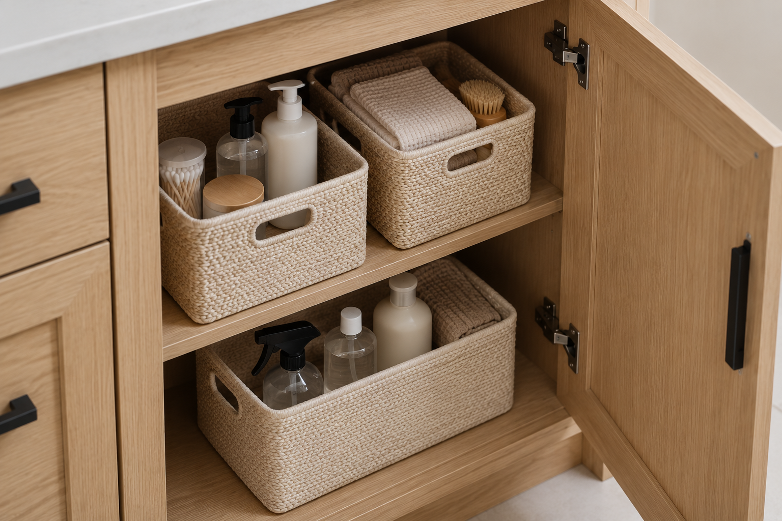 An organized bathroom vanity cabinet interior with labeled bins holding toiletries.