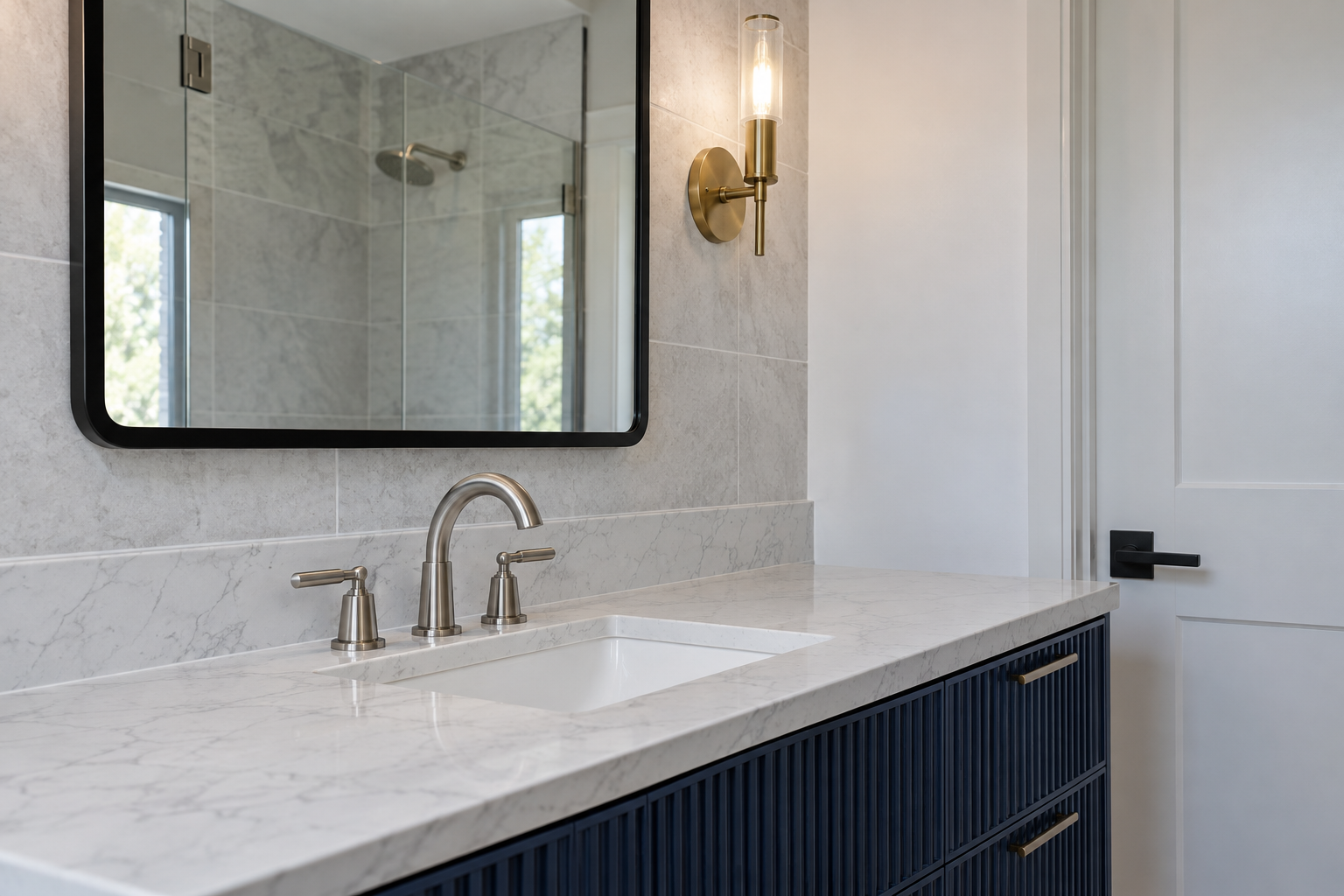 A bathroom vanity with a navy fluted cabinet front, brushed nickel faucet, matte black mirror frame, and brass sconce, all visible together.
