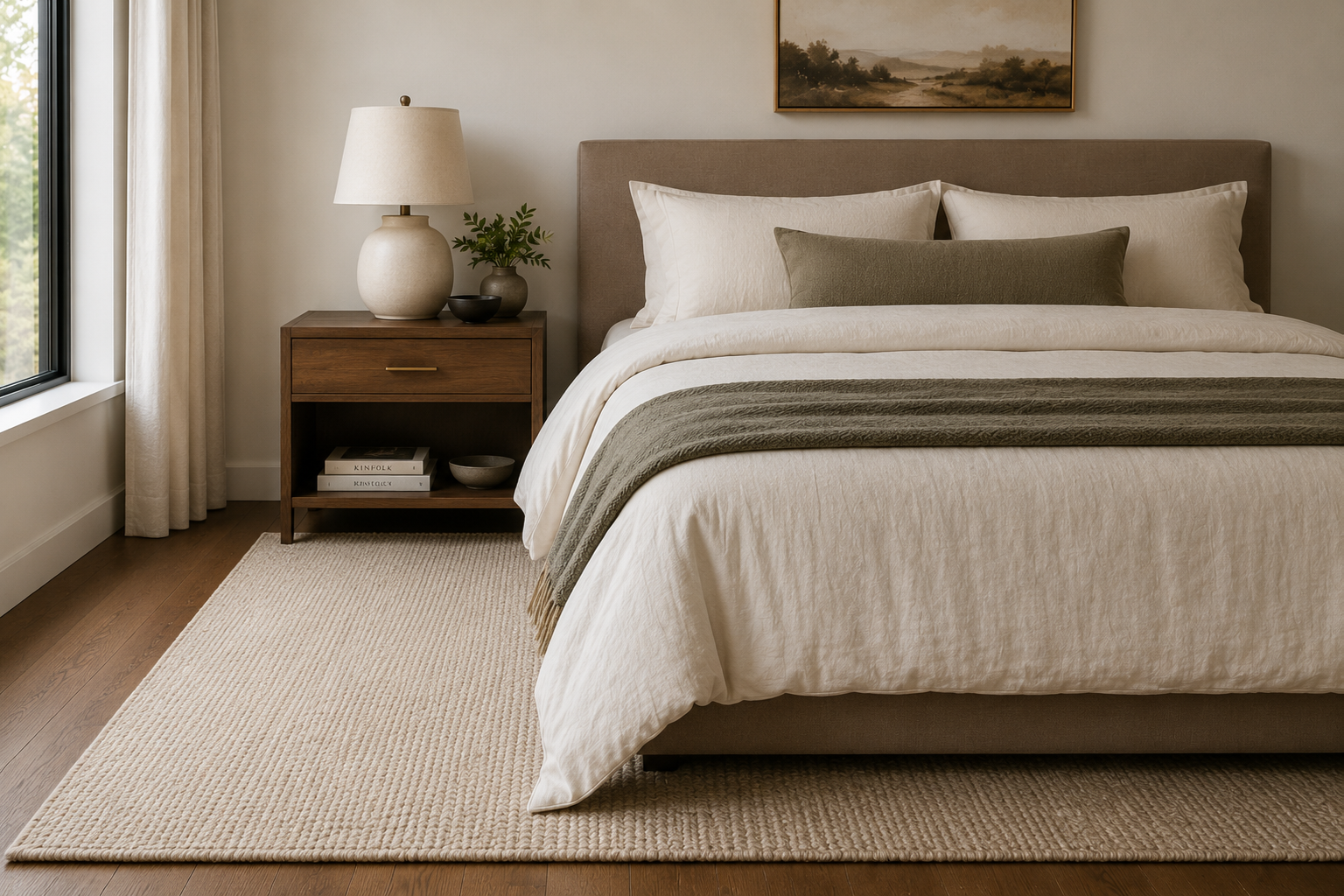 A bedroom rug extending past both sides of the bed, with a nightstand partially on it