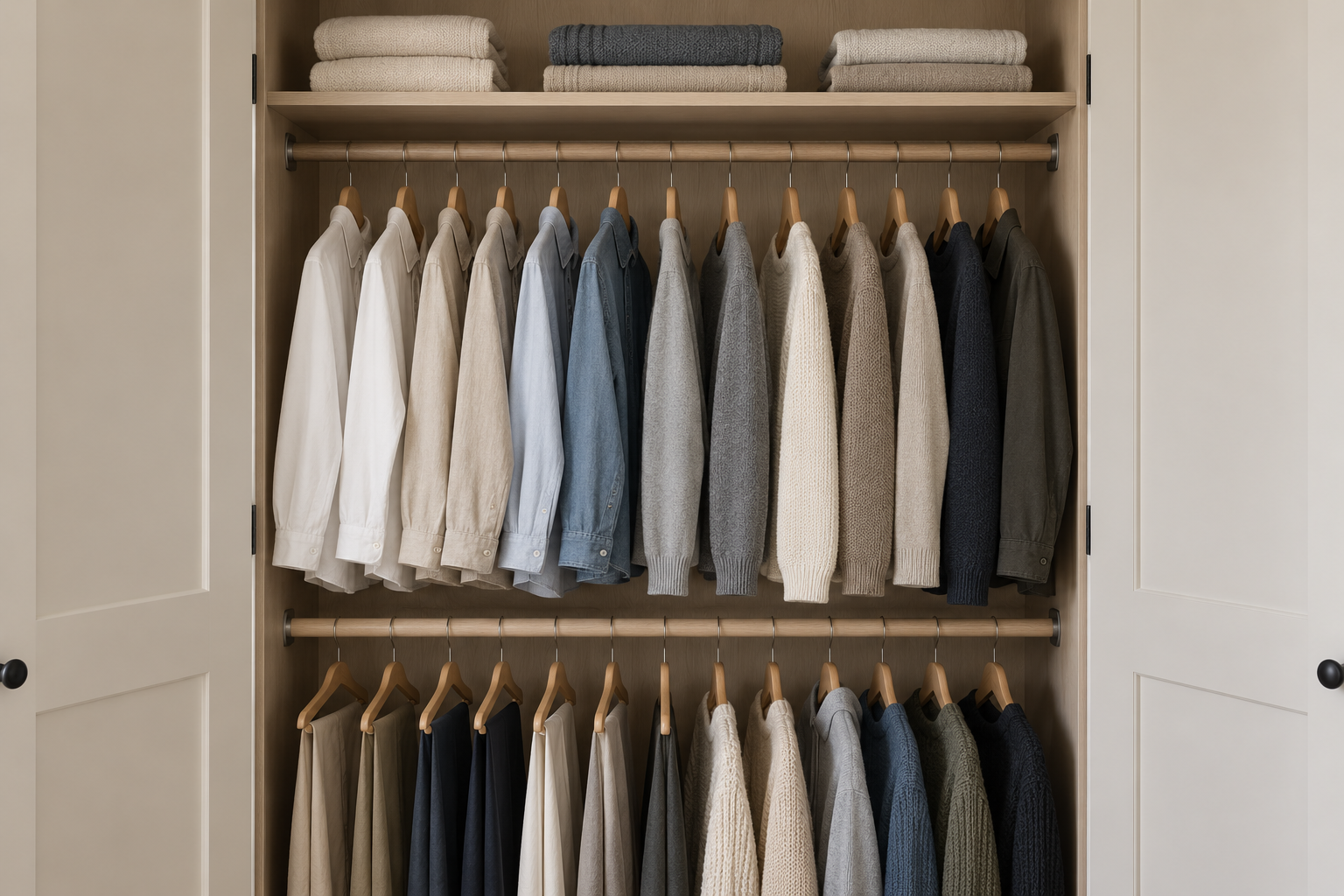 The interior of a small bedroom wardrobe with a second hanging rod mounted below the first