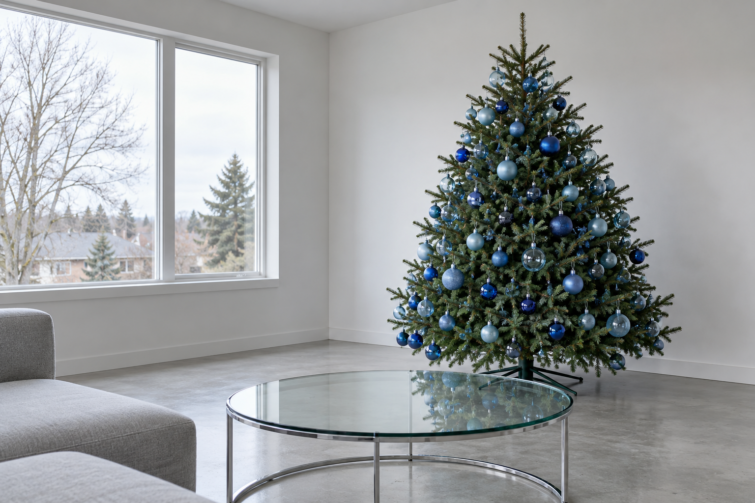 A Christmas tree decorated only with blue ornaments from pale to deep cobalt beside a glass and chrome coffee table.