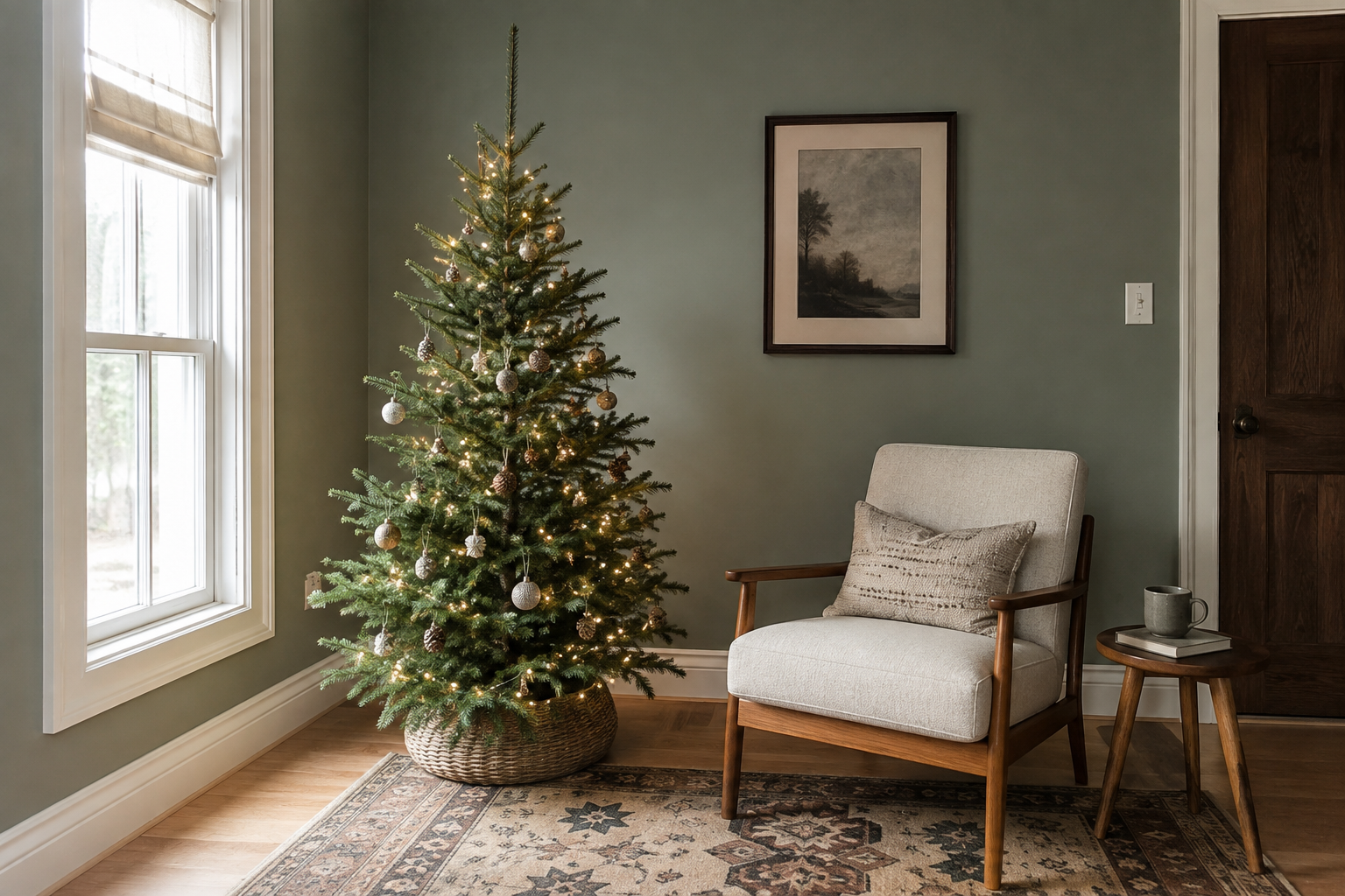 A Christmas tree placed in a living room corner next to existing furniture, with warm white lights