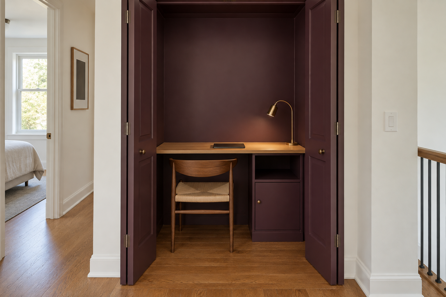 A reach-in closet converted into a small desk nook, painted a deep aubergine, with a floating shelf-desk and the closet doors open.