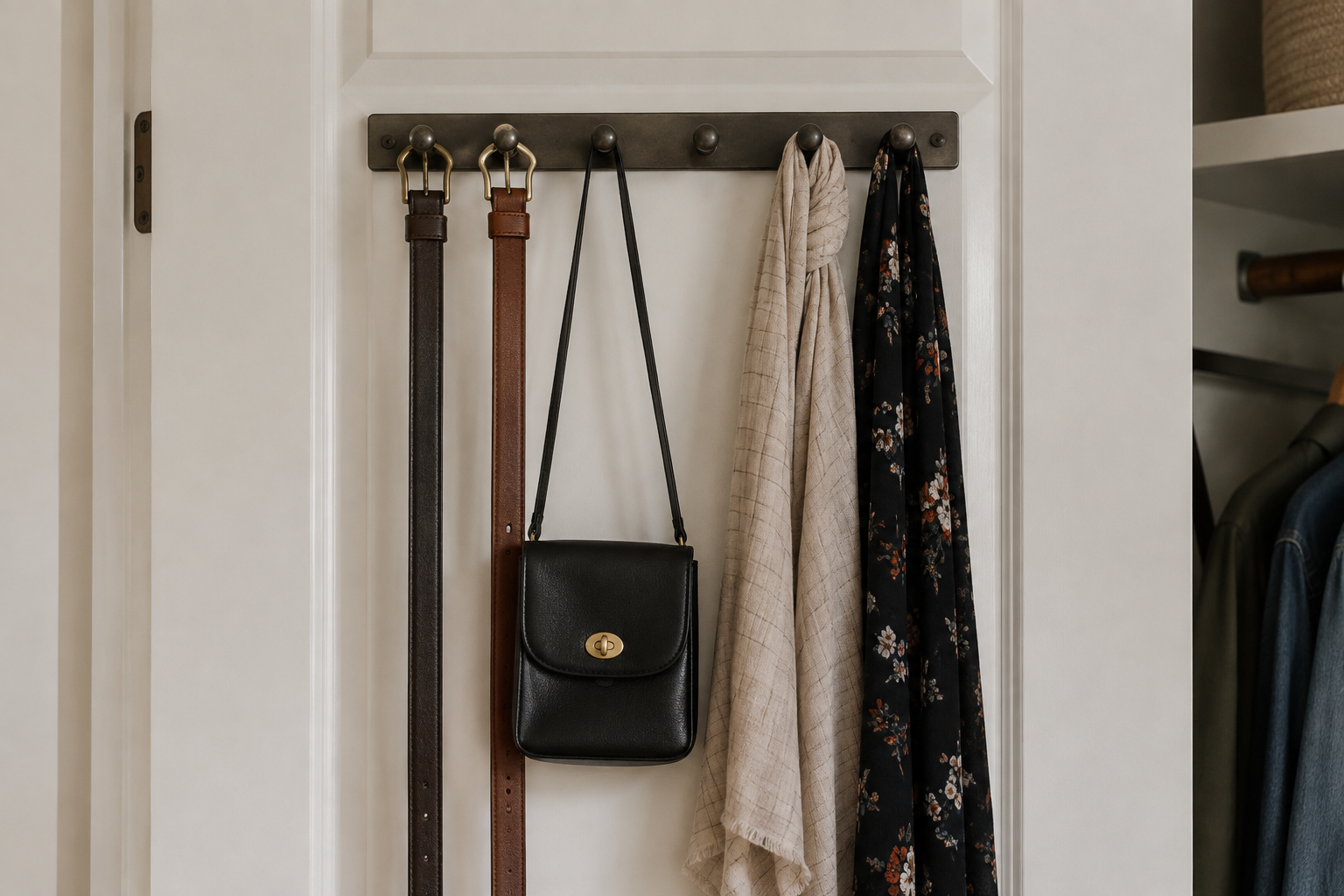 A hanging organizer mounted on the inside of a closet door holding accessories