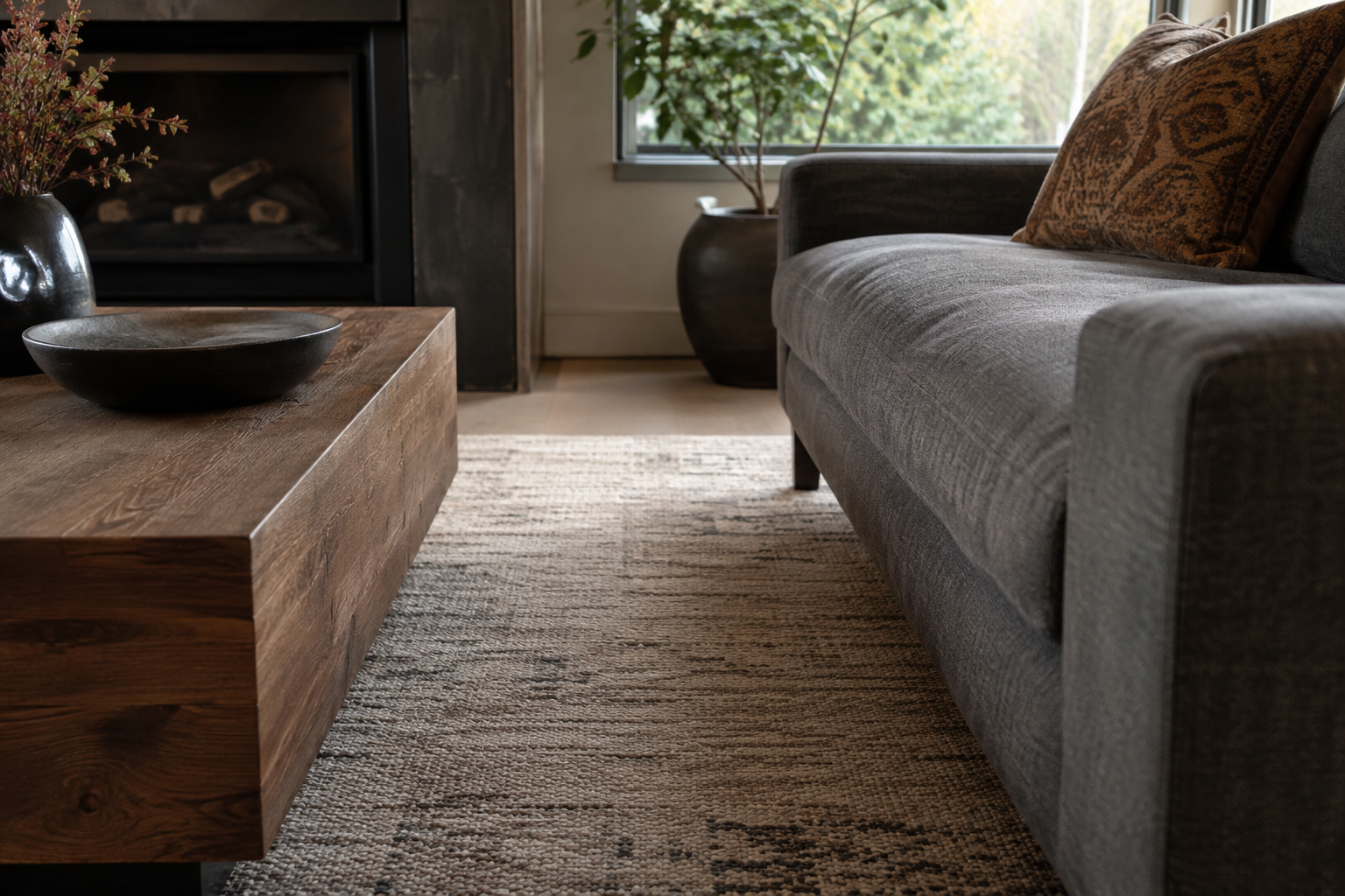 Close detail of the clearance space between a coffee table and surrounding seating