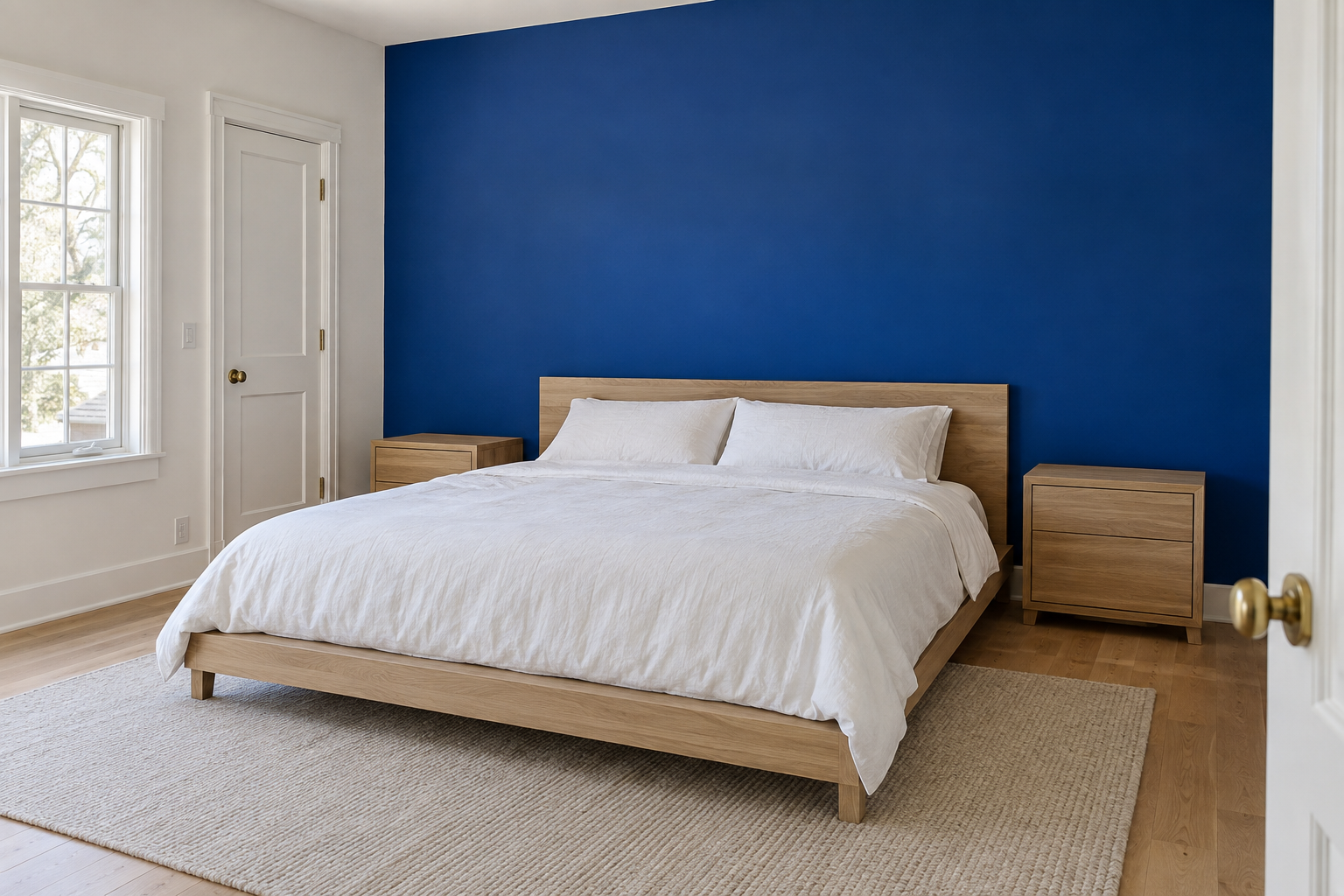 A primary bedroom with a fully saturated cobalt-blue wall behind a simple pale-oak platform bed, plain white linen bedding, bright midday light.