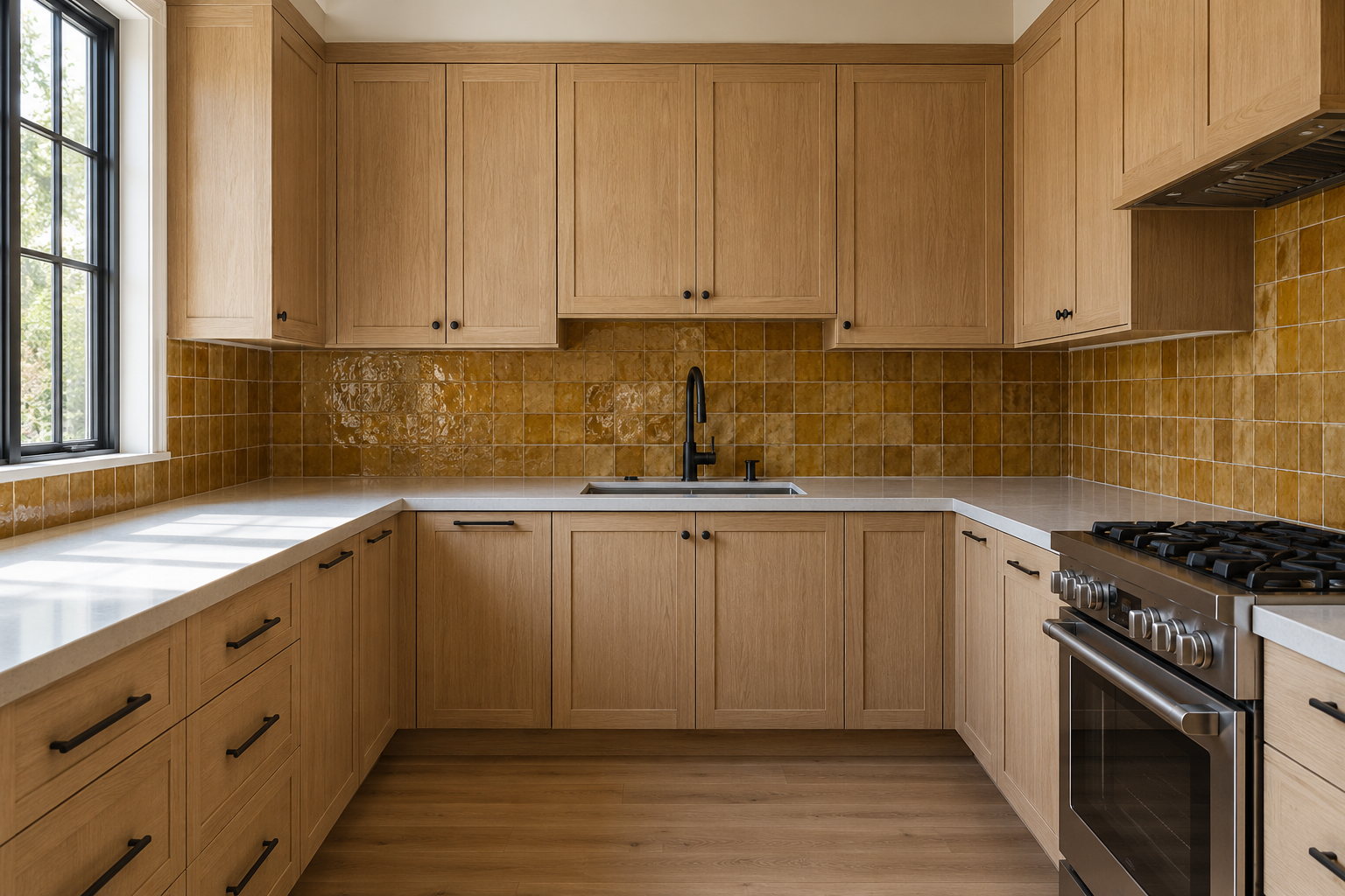 Ochre-glazed tile filling the full wall between a kitchen counter and the underside of white oak upper cabinets.