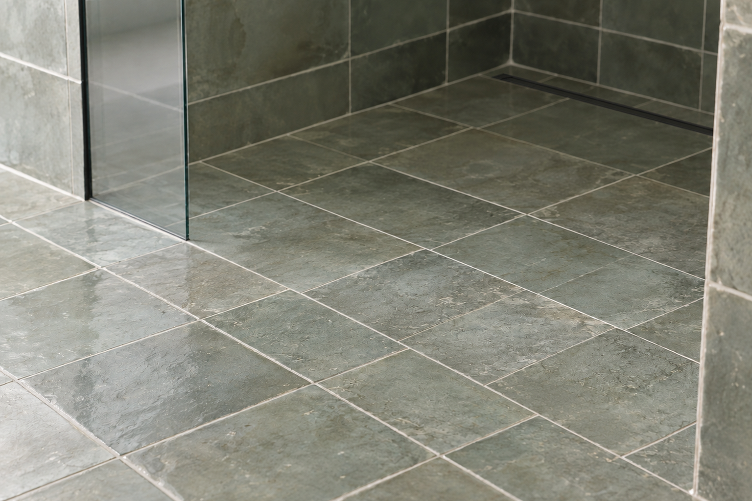 A close detail of a curbless shower threshold where floor tile transitions seamlessly into the shower pan.