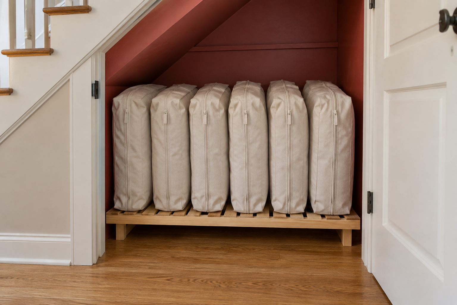 Outdoor cushions in canvas storage bags standing on a raised slatted platform in an under-stair cupboard.