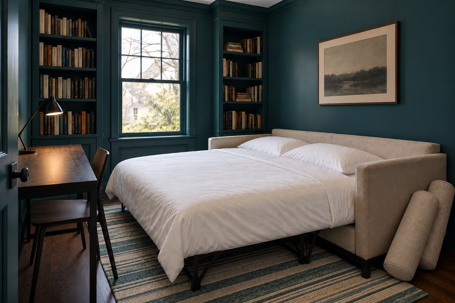 A daybed with its trundle raised to the same height, made up as one wide bed in a teal study.