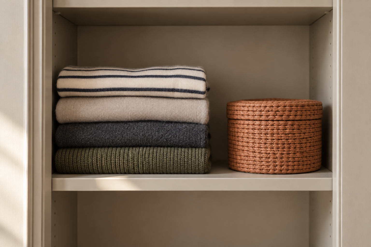 A single closet shelf, neatly organized and finished after decluttering