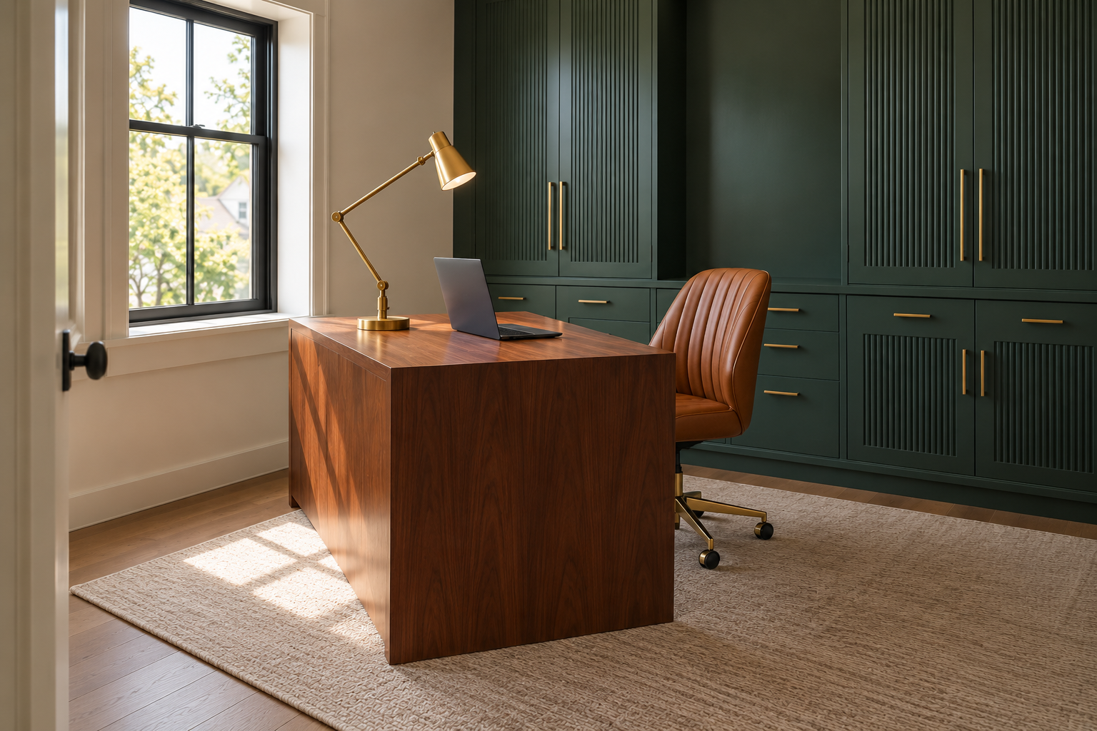 A desk turned sideways to a window so daylight comes from the side instead of facing the screen or the person's back.